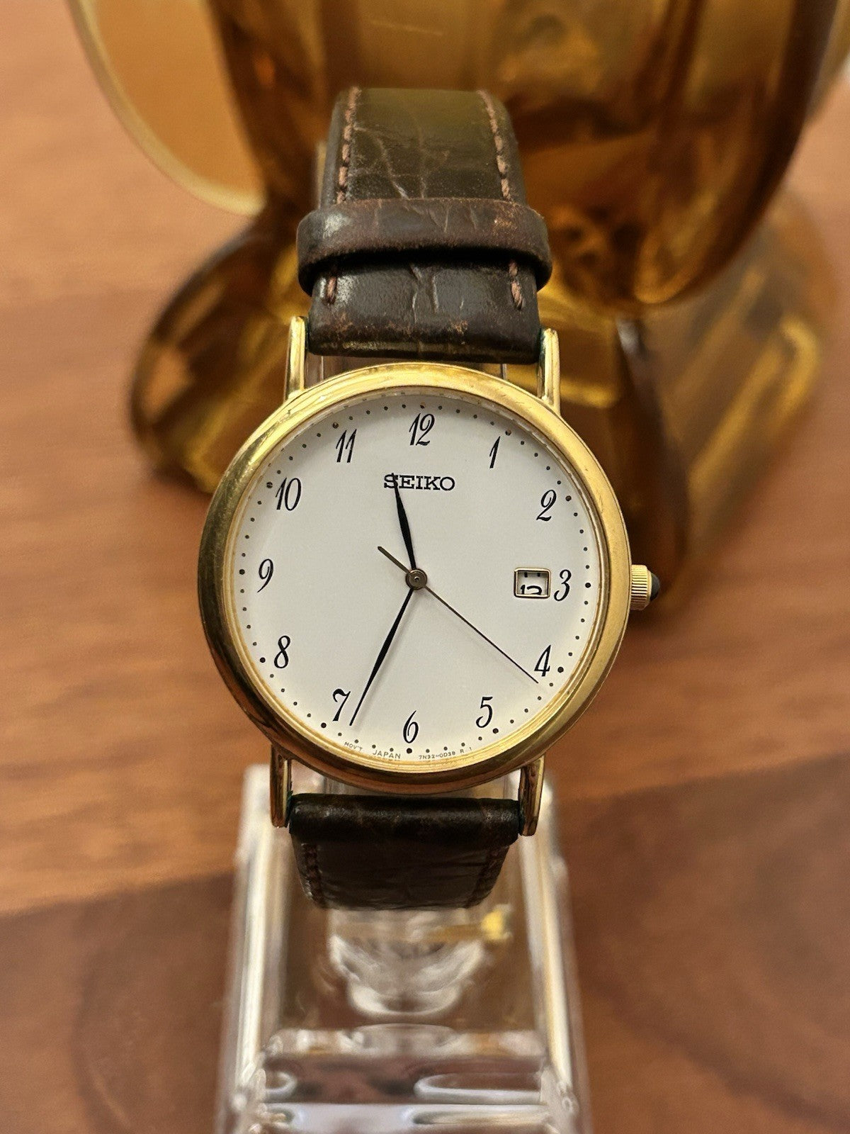 Vintage Seiko Quartz Mens Dress Watch Date 7N32-0C10 Japan Gold Tone 1990s