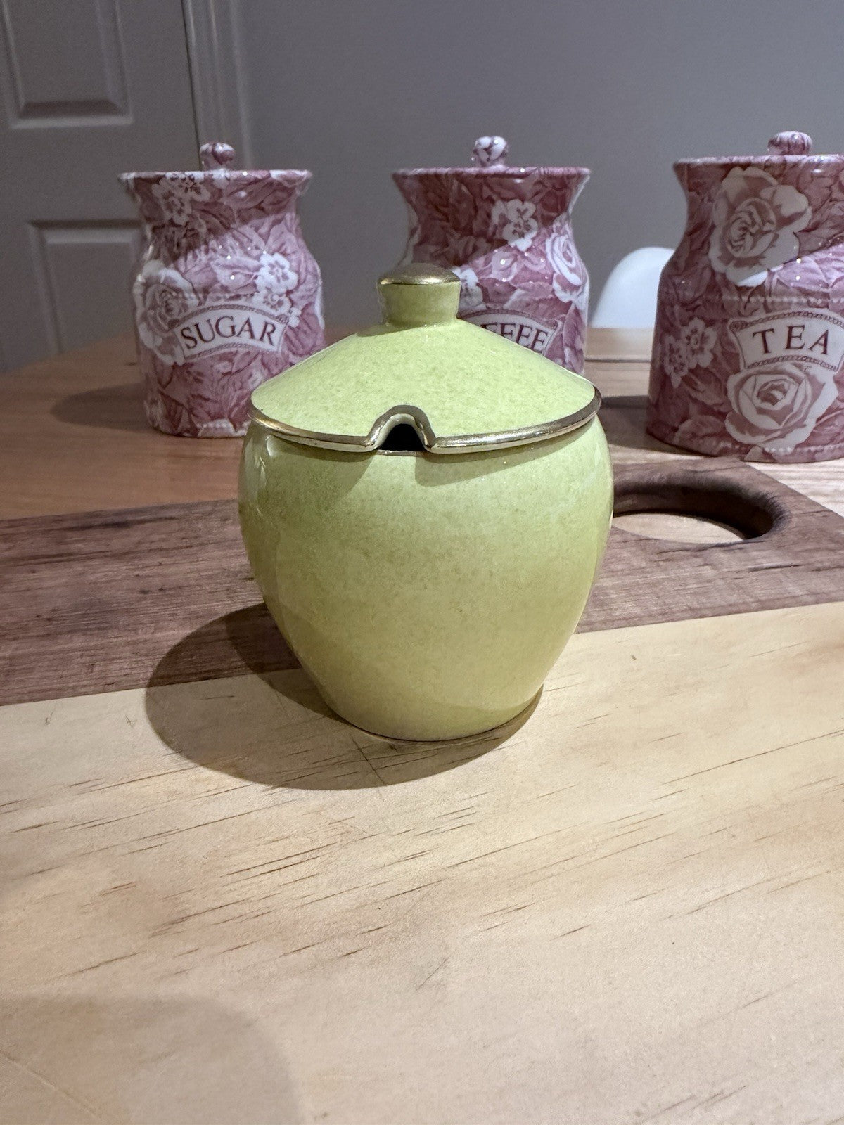 Royal Winton Grimwades Green Sugar Bowl w Lid England Vintage Gold Trim