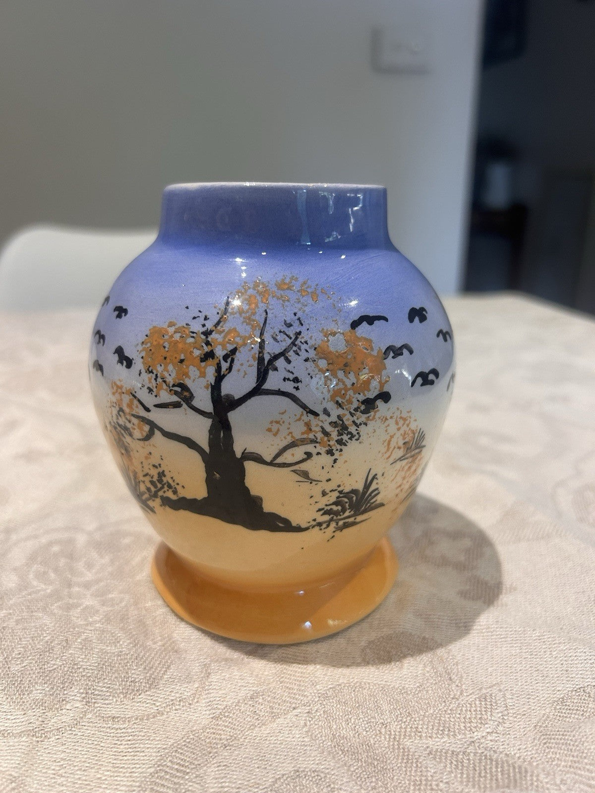Vintage Hand Painted Scenic Vase Birds Tree Blue Orange Glaze c1960s