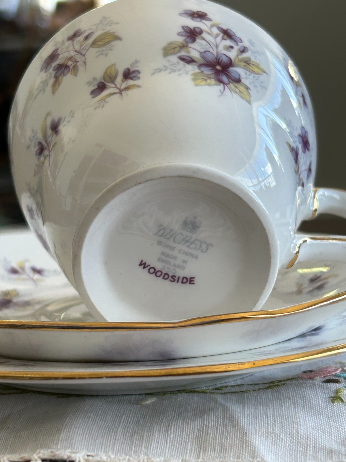Duchess Woodside Trio Bone China | England Teacup, Saucer & Plate | Floral Gold