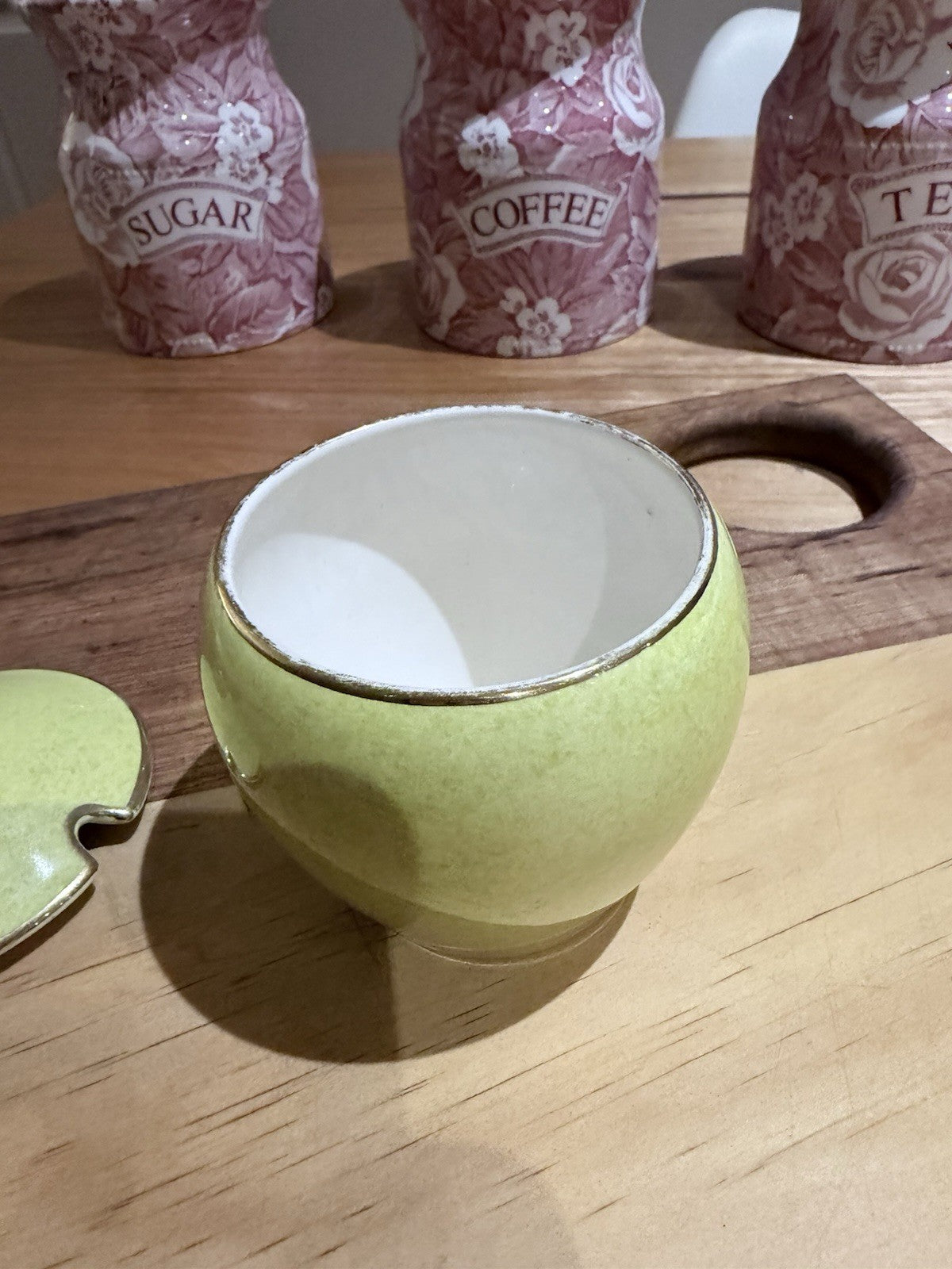 Royal Winton Grimwades Green Sugar Bowl w Lid England Vintage Gold Trim