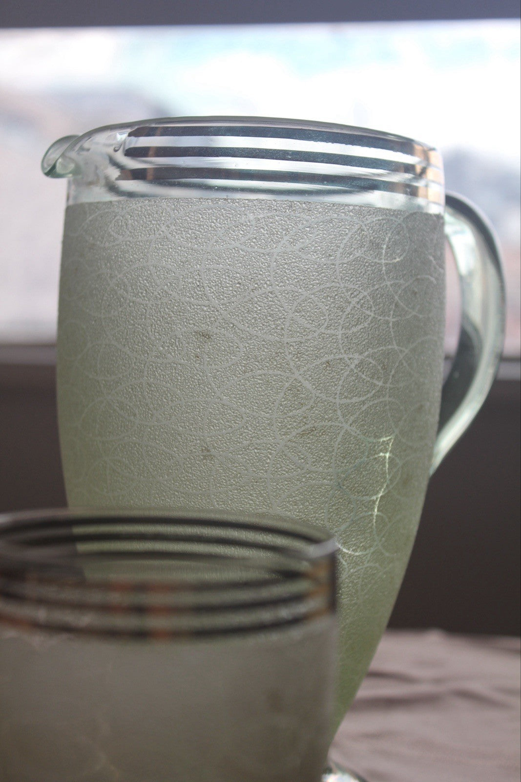 Vintage Green Crackle Glass Water Jug & 4 Tumblers Art Deco Style S
