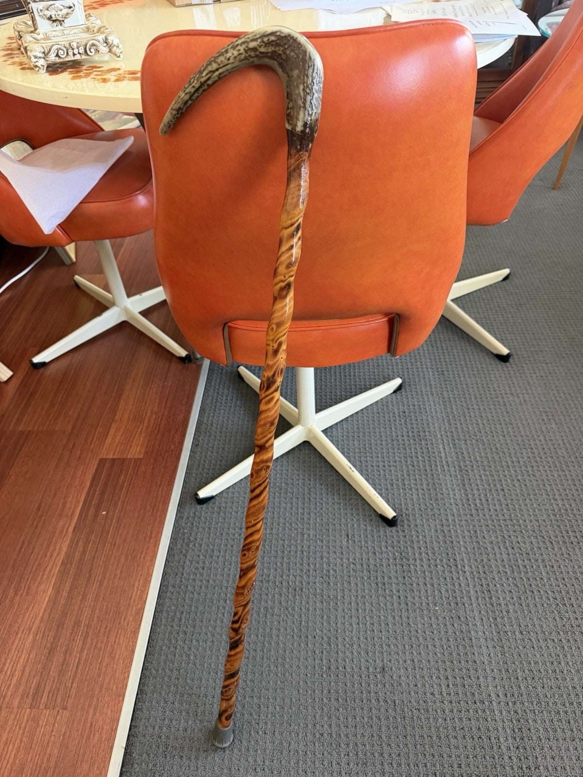 Vintage Antler Handle Walking Stick Cane Abalone Inlay Carved Timber 95cm