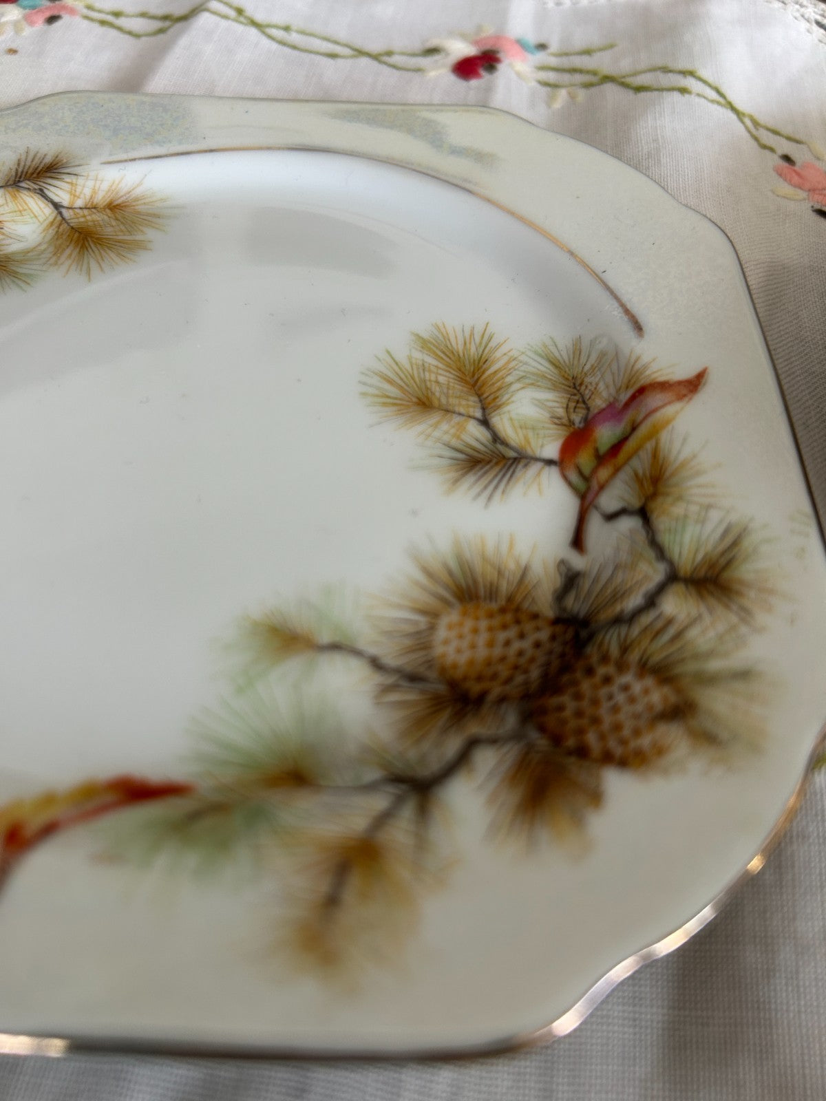 Vintage Pine Cone Bird Tea Trio Cup Saucer Plate Lustreware Japan