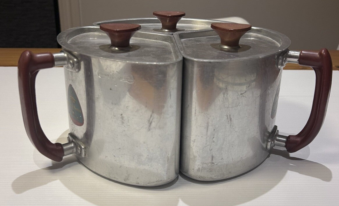 Vintage Crown Merton Aluminium Triple Canister Set w/ Bakelite Handles