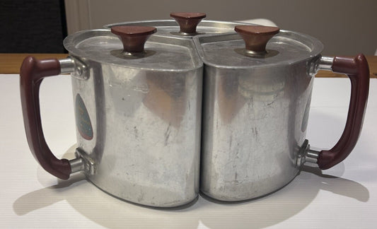 Vintage Crown Merton Aluminium Triple Canister Set w/ Bakelite Handles