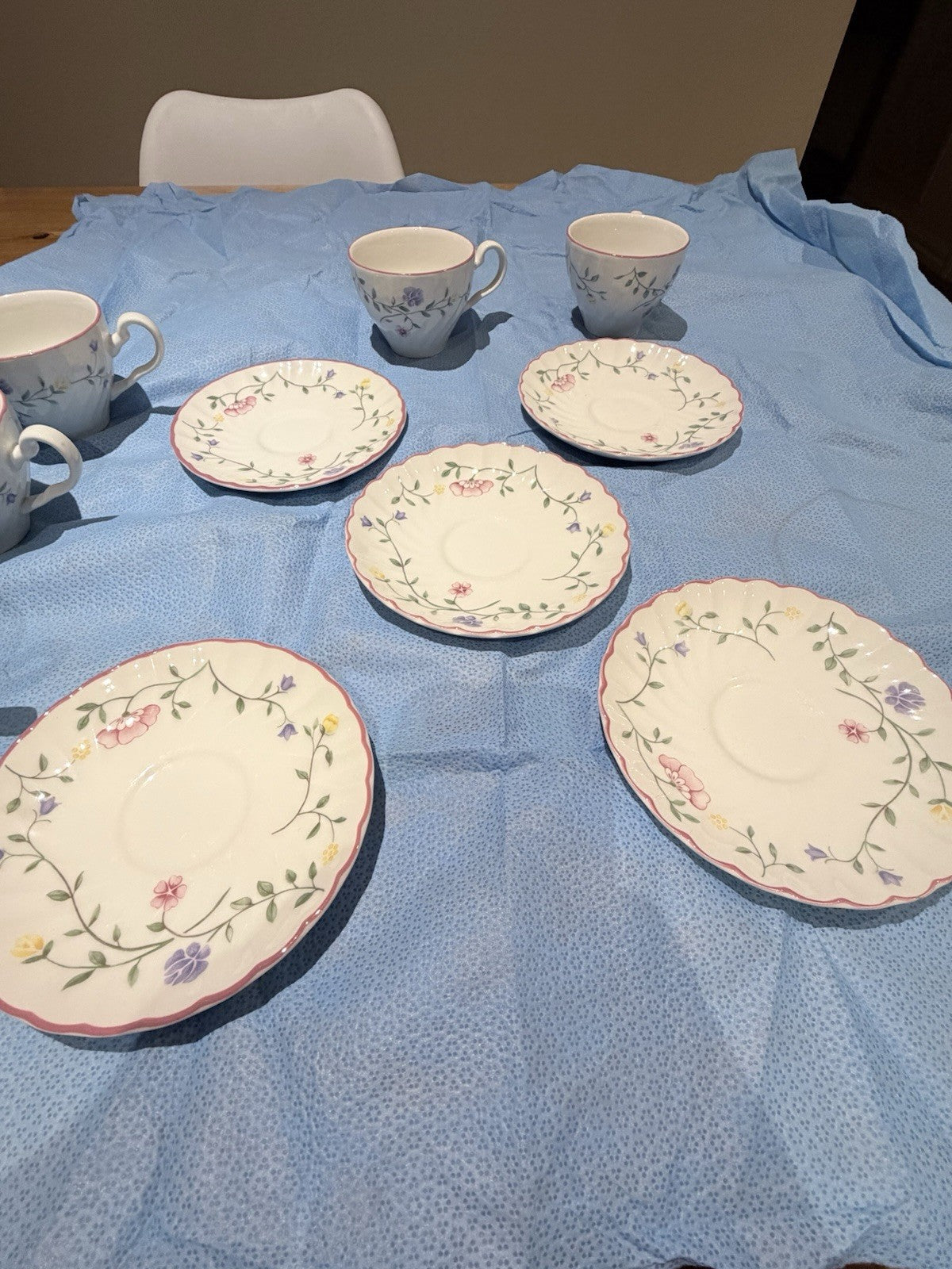 Johnson Brothers Tea Cups Saucers Set 5 Floral Pink Trim England Vintage
