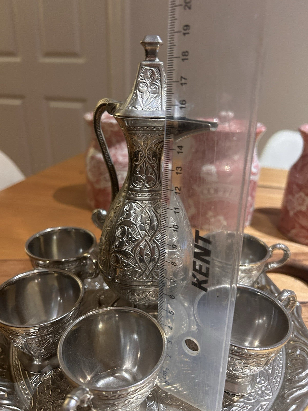 Vintage Turkish Dallah Coffee Set SENA Türkiye Tray Cups Ornate 8 Piece Set