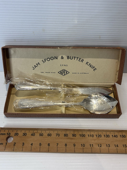 Apex EPNS Jam Spoon & Butter Knife Set Boxed Made in Australia Vintage NOS