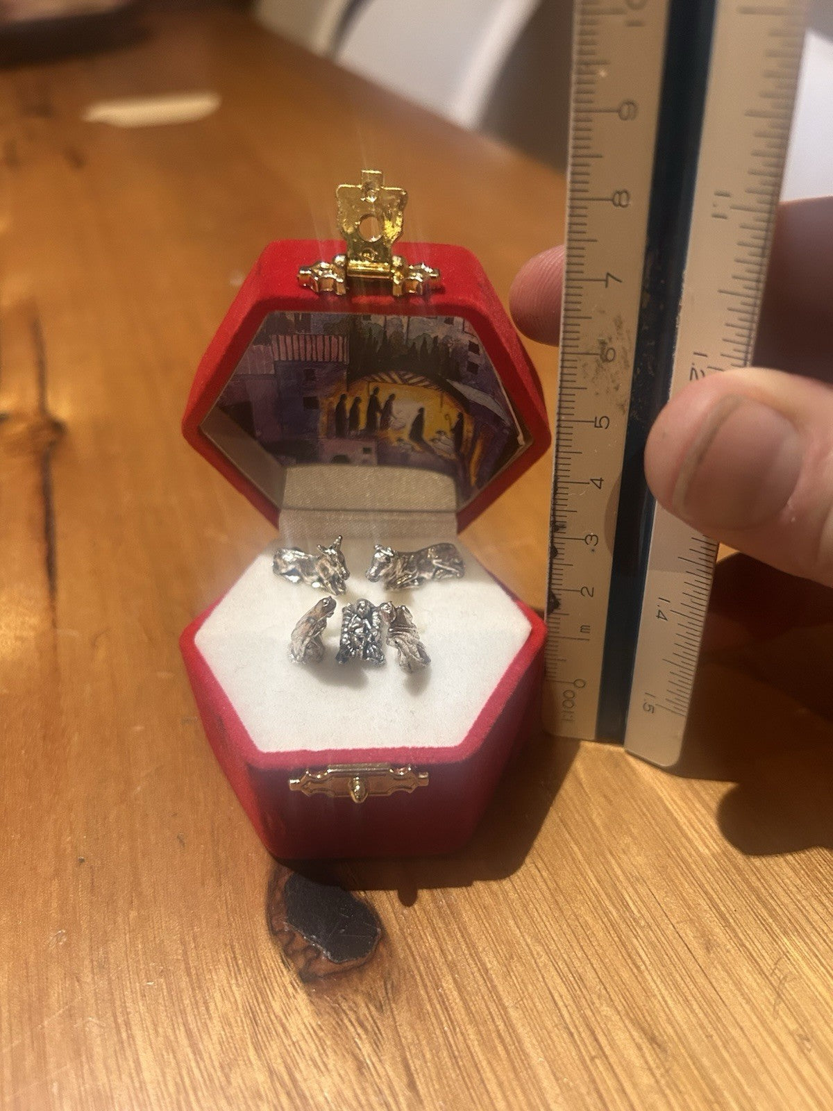 Miniature Pewter Nativity Set in Velvet Display Box Christmas Crèche Scene