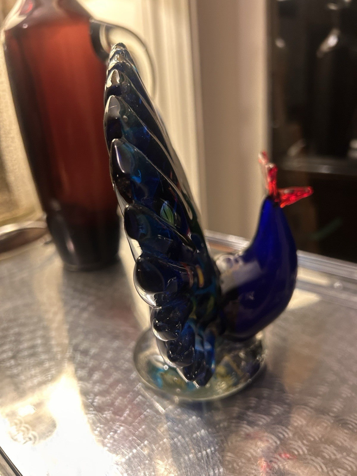 Italian Art Glass Peacock Figurine Millefiori Blue Heavy Studio Glass 