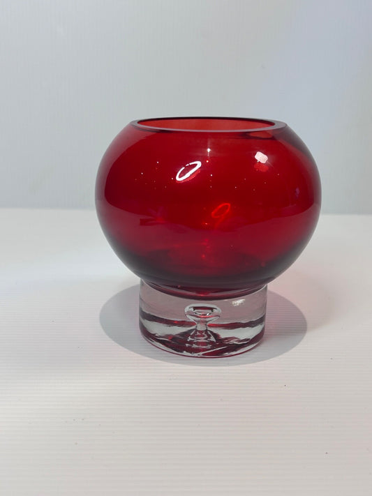 Polish Art Glass Vase  Red Cased Bowl on Clear Bubble Base – Krosno Style  1990s