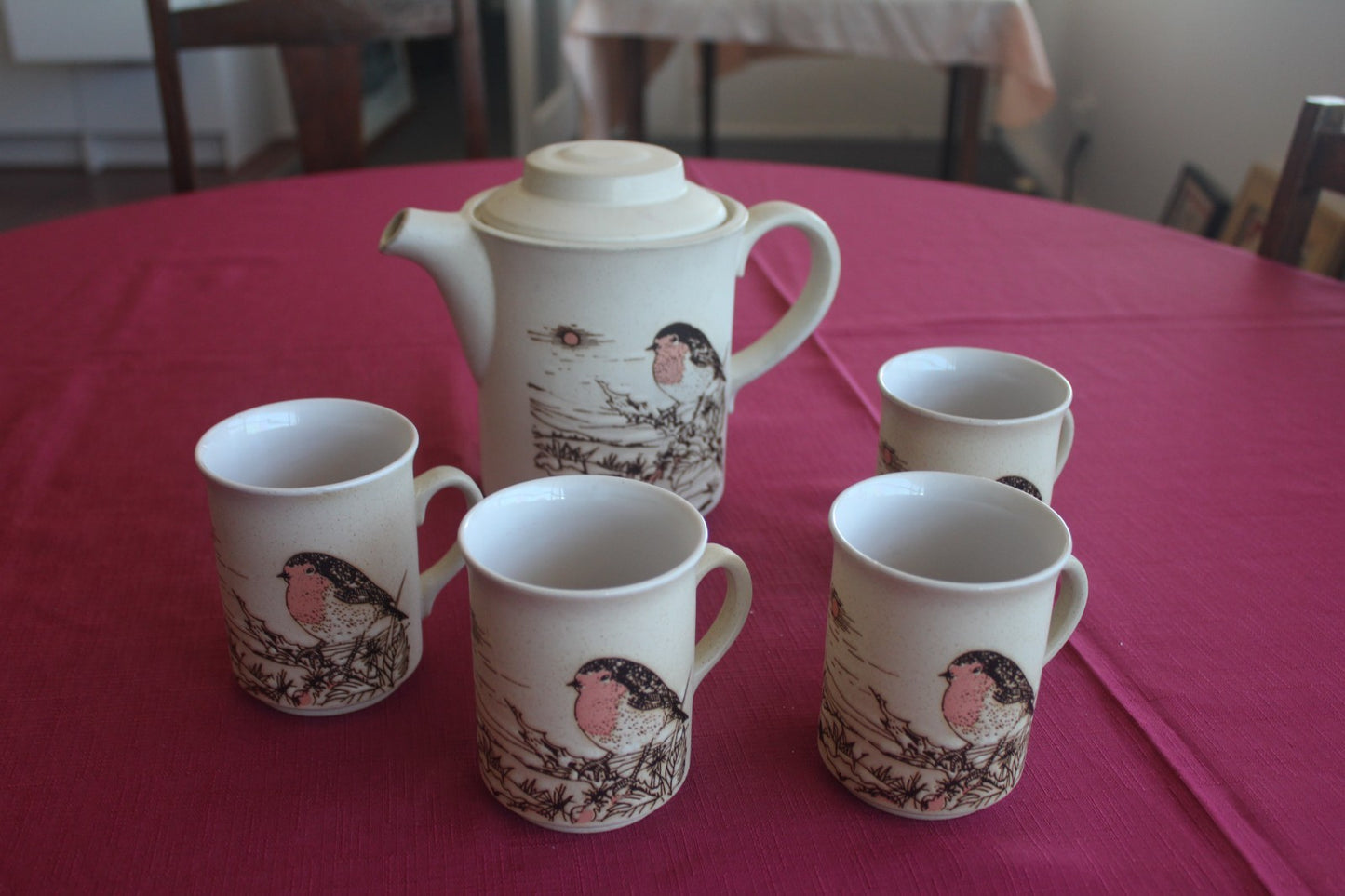 Vintage Ashdale Pottery England Robin Tea Set – Teapot + 4 Mugs – c1981