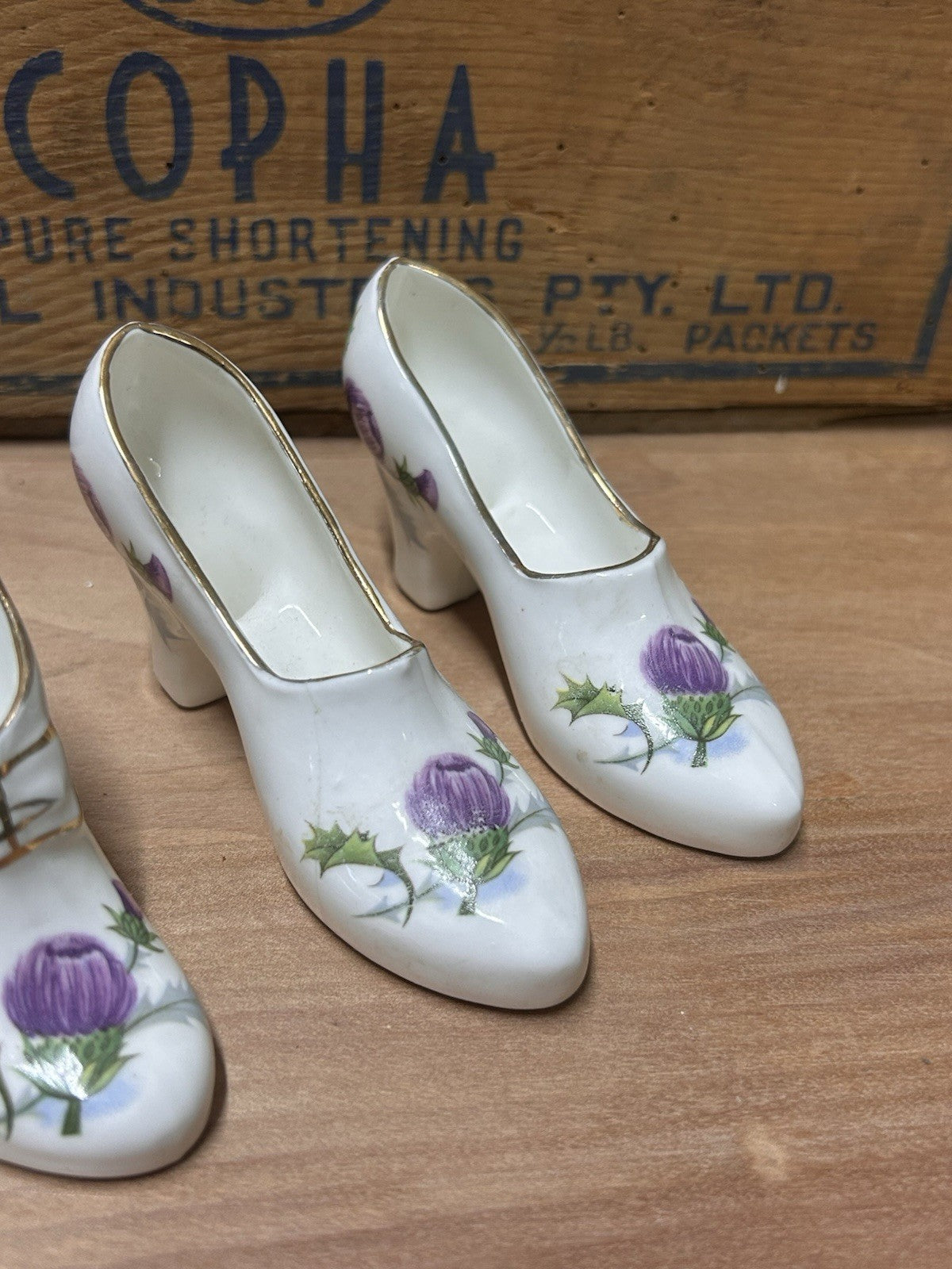 Set of 4 English Bone China Shoe Vases – Thistle Design, Vintage Collectible