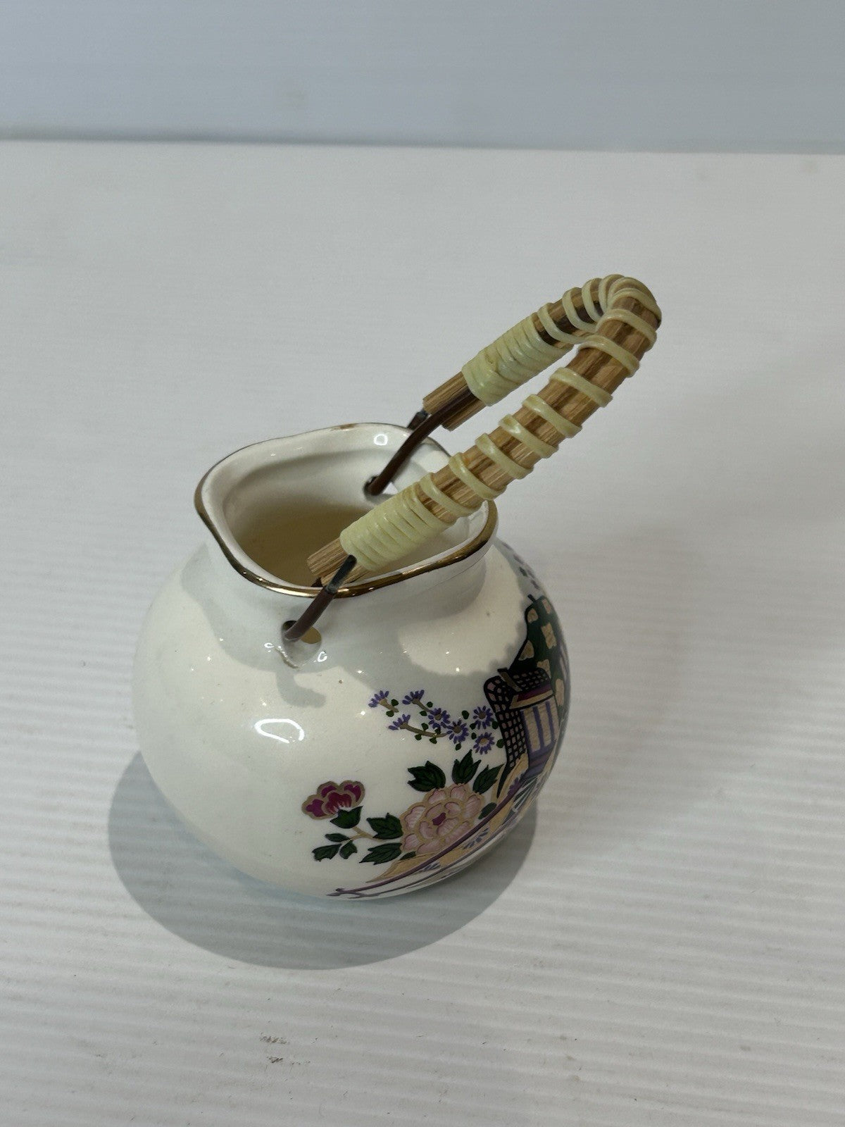 Mini Japanese Ceramic Basket Vase w/ Handle Floral Cart Motif Made in Japan