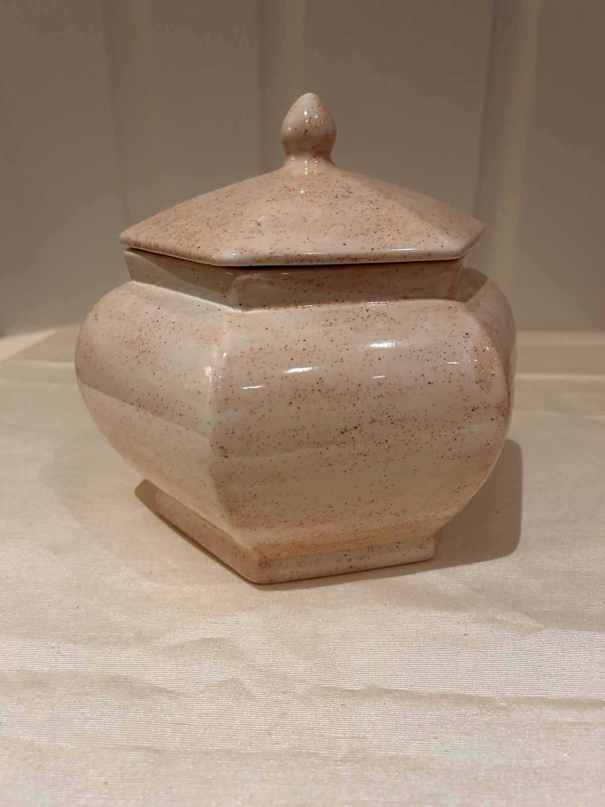 Signed Studio Pottery Lidded Jar Speckled Glaze Hexagonal Form Vintage