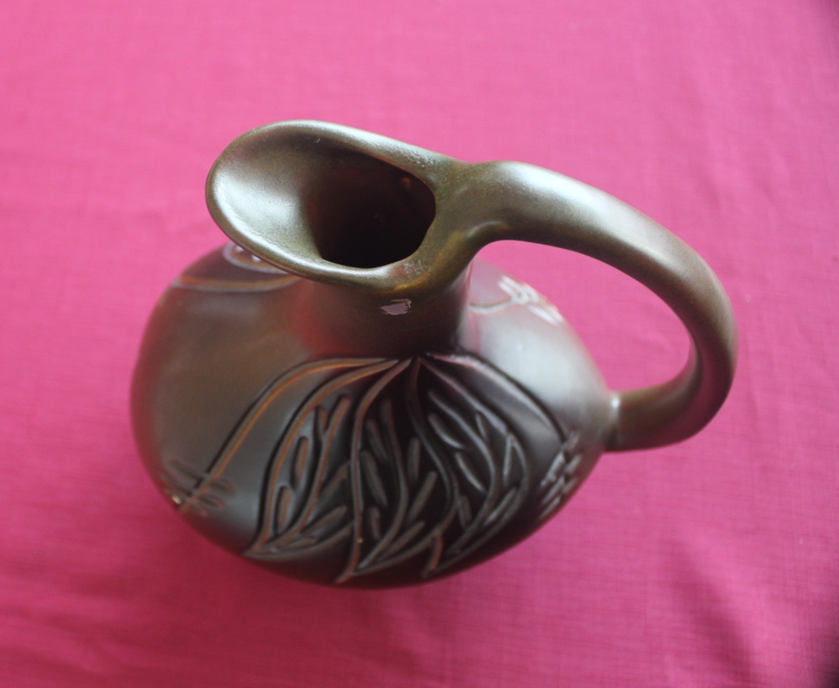 Vintage Studio Pottery Jug – Carved Leaf Motif | Mid-Century Modern