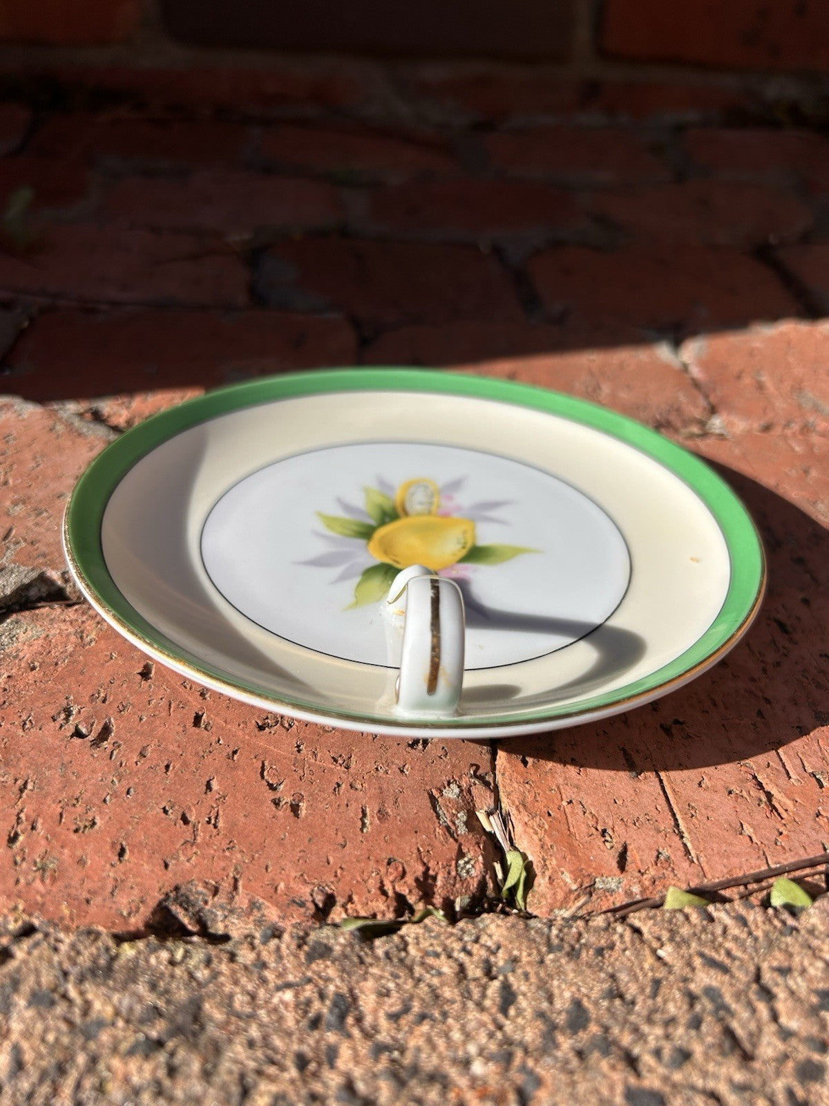 Vintage Noritake Japan Lemon Motif Handled Dish Green Trim Porcelain