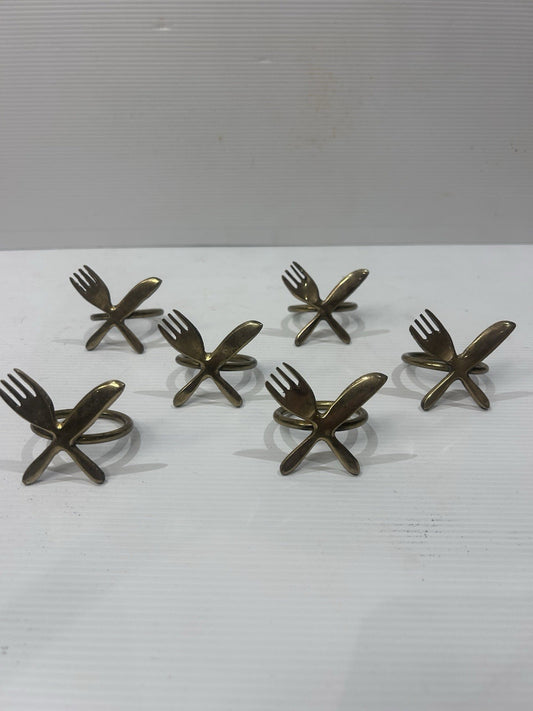 Set 6 Vintage Brass Napkin Rings Fork & Knife Design Table Decor Retro