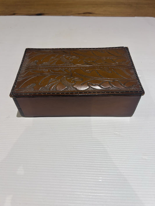 Vintage Handcrafted Leather Box by Konev NZ – Tooled Design, Lined Interior