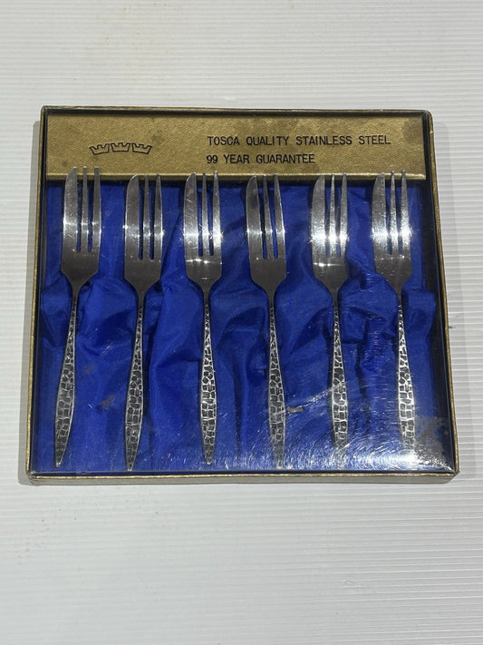 1960s Tosca Stainless Steel Cake Forks Set of 6 Boxed Retro Collectible
