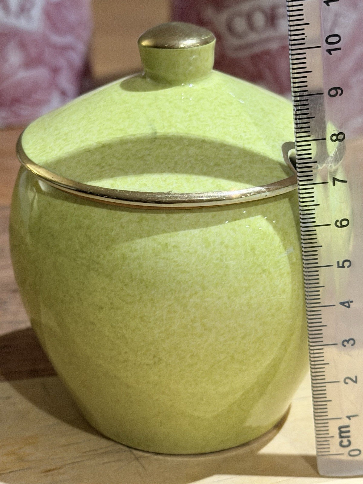 Royal Winton Grimwades Green Sugar Bowl w Lid England Vintage Gold Trim