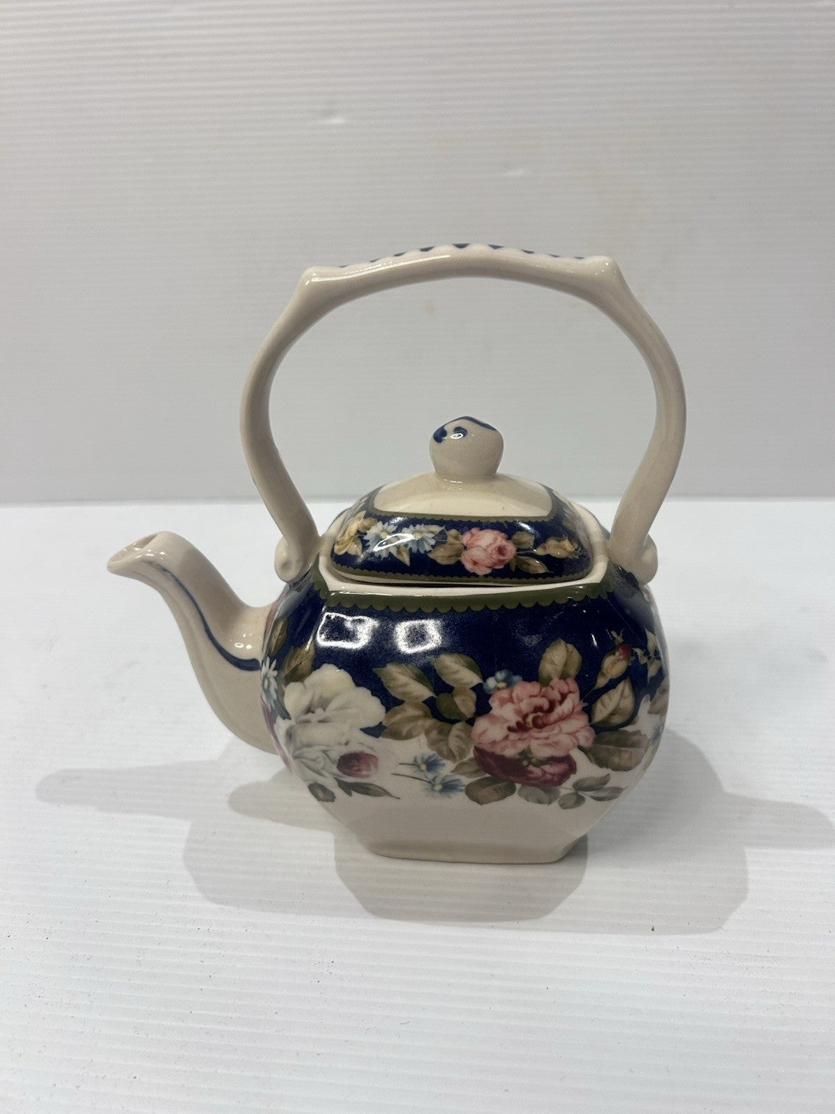 Ascot Fine China Teapot Floral Blue Rose Square Handle Vintage England
