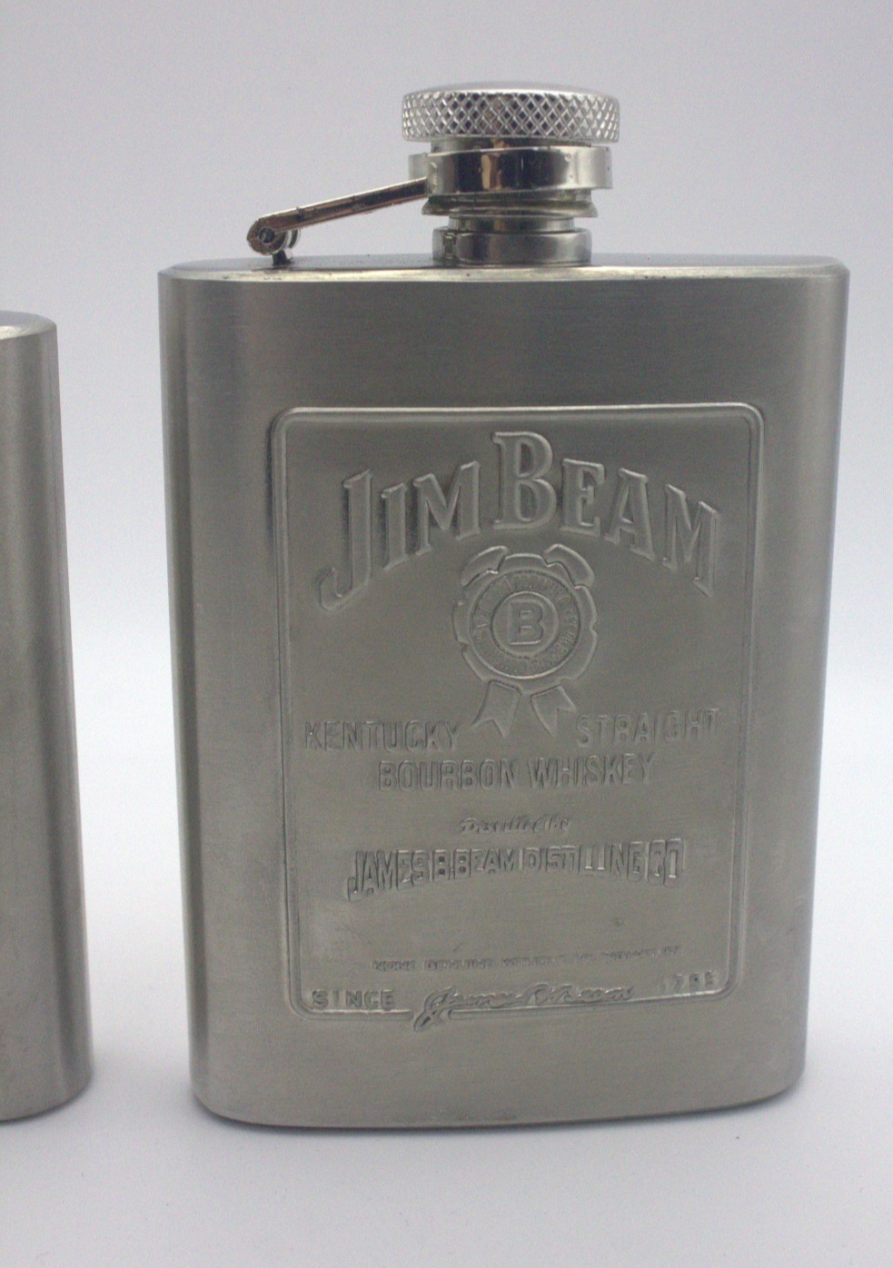 Jim Beam Stainless Steel Hip Flasks – Branded & Plain (Pair)