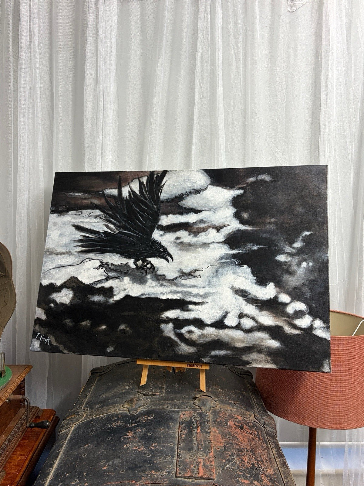 Large Original Deb Pollock Raven Crow Painting Signed Acrylic Canvas