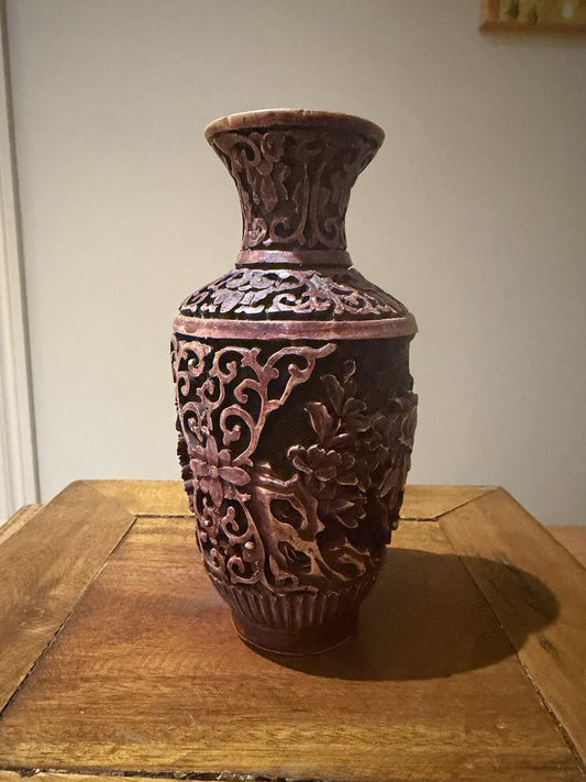 Vintage Chinese Cinnabar Style Carved Red Resin Vase Floral Relief 18cm Decor
