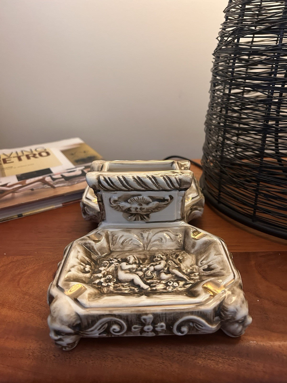 R Capodimonte Large Porcelain Smoking Desk Set Cherubs Italy c1950s