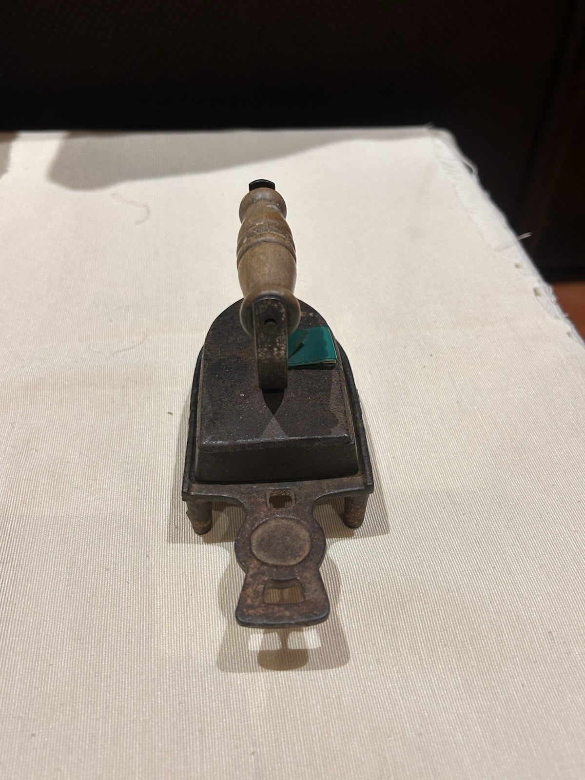 Antique Cast Iron Sad Iron w Stand MA Mark Wooden Handle Not a Toy c1900