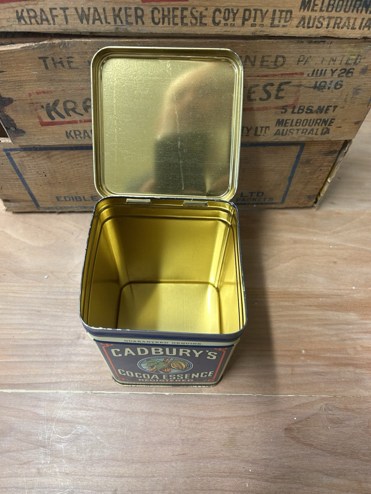 Cadbury's Cocoa Essence Vintage 1977  Metal Tin Box Hinged Lid Good Condition
