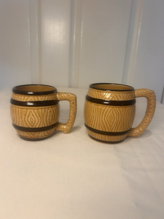 Vintage BARREL Mugs Pair – Japan Woodgrain Beer/Coffee Cups – 8cm & 9cm