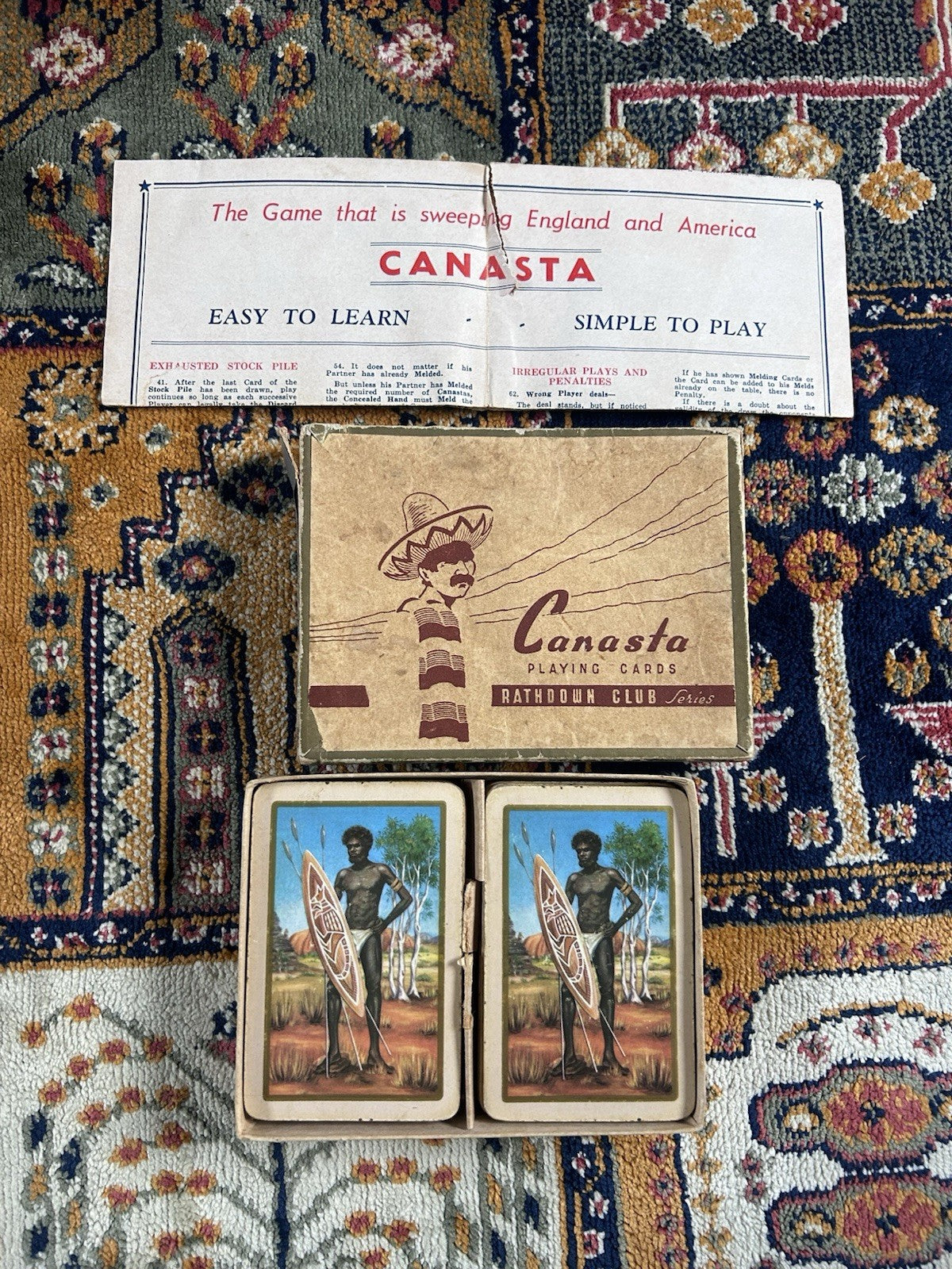1950s Canasta Playing Cards Rathdowne Club Aboriginal Art Decks w/ Box & Rules
