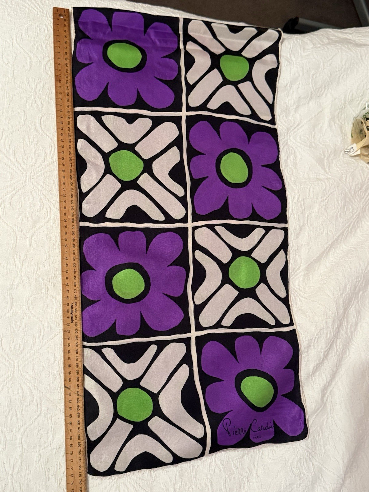 Vintage Pierre Cardin Paris Long Silk Scarf 1970s Mod Floral Purple Green Retro