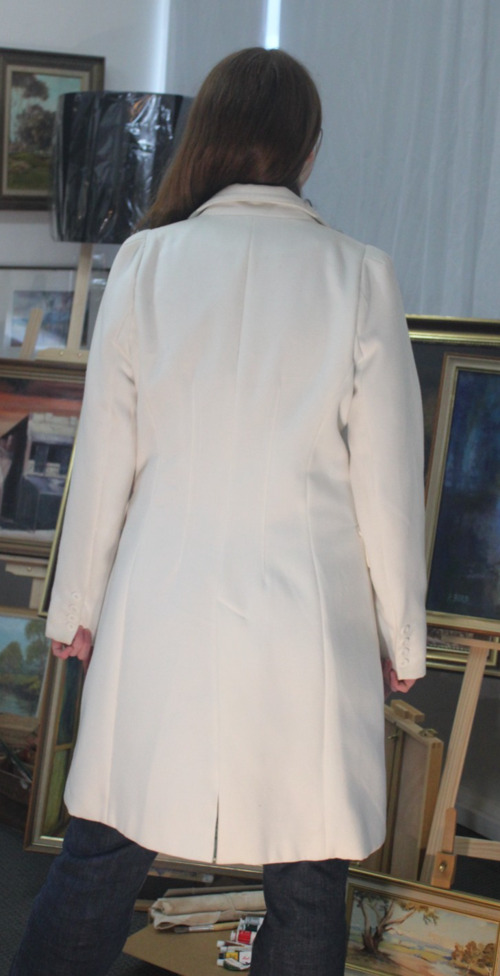 Ladies White Double Breasted Long Coat Lifestyle Wear Size 12 Tailored Jacket