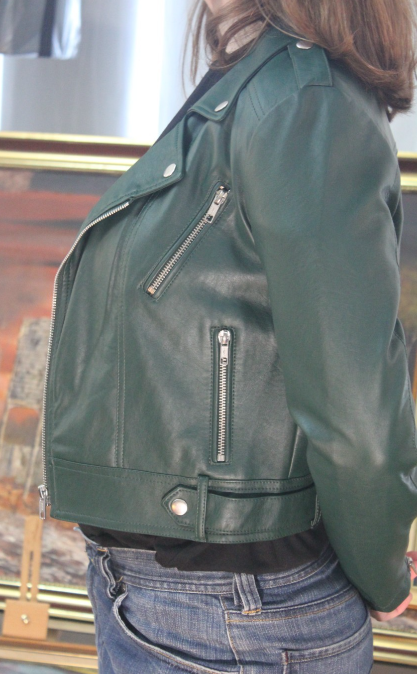 Dotti Womens Forest Green Faux Leather Biker Jacket Size 10 Cropped Zip Up