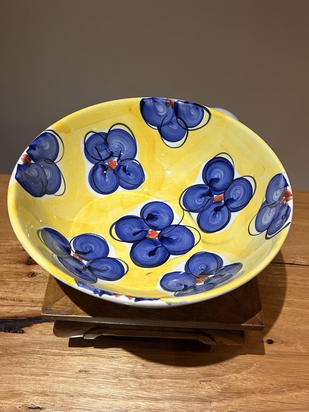 Italian Hand Painted Ceramic Bowl 29cm Deruta Style Yellow Blue Vintage