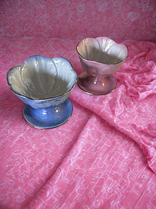 Vintage 1930s Maling Lustreware Pedestal Dishes – Pink & Blue Pair