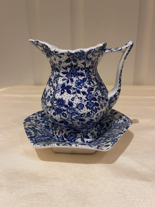 Vintage English Style Blue & White Floral Jug & Dish c1950s Transferware 