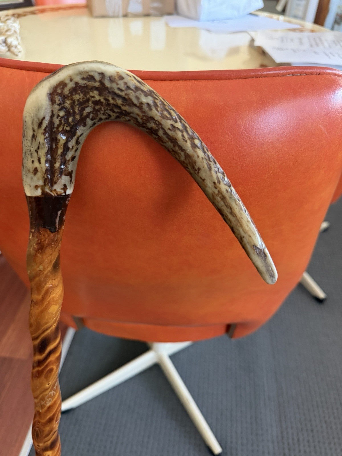 Vintage Antler Handle Walking Stick Cane Abalone Inlay Carved Timber 95cm