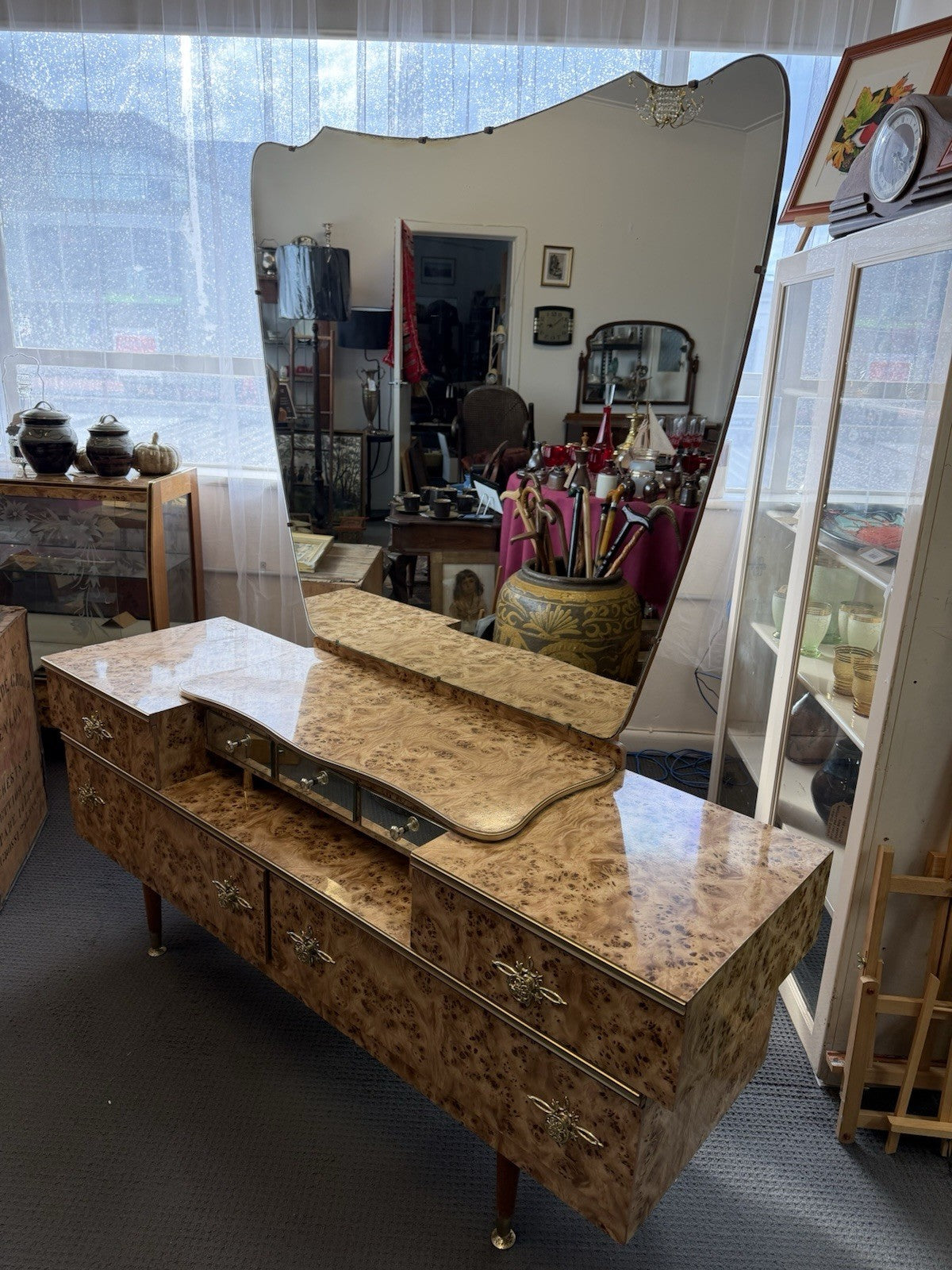 Vintage Burr Walnut Veneer Dressing Table Mirror Vanity Mid Century Australian