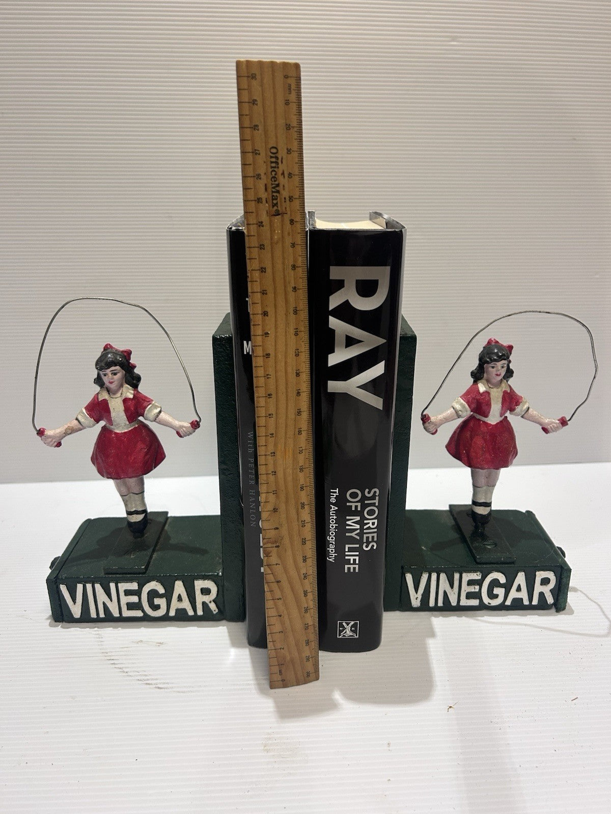 Vintage Styled Cast Iron Vinegar Skipping Girl Bookends with Wooden draws