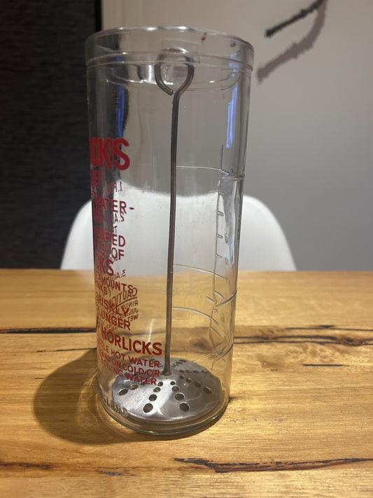 Rare Horlicks Mixer Glass w/ Full Text & Plunger 8oz Made in England c1950s