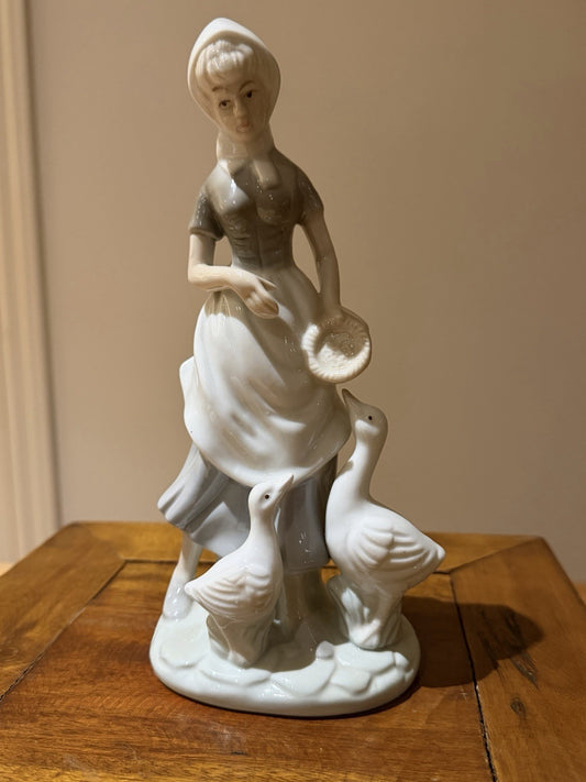 Vintage Porcelain Dutch Girl Feeding Geese Figurine White Blue 20cm
