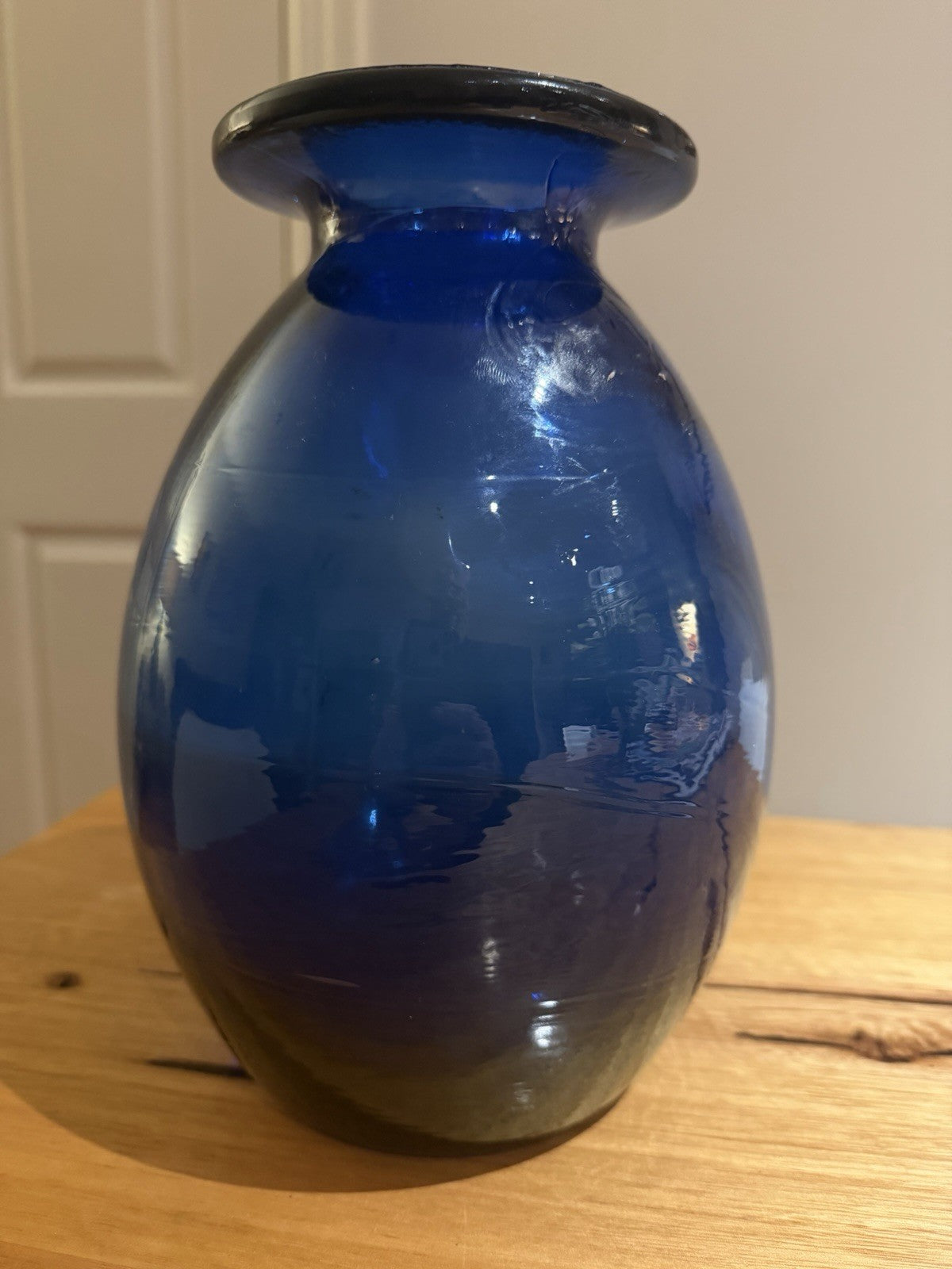 Vintage Cobalt Blue Hand Blown Art Glass Vase Heavy 2.54kg 25cm Rolled Rim