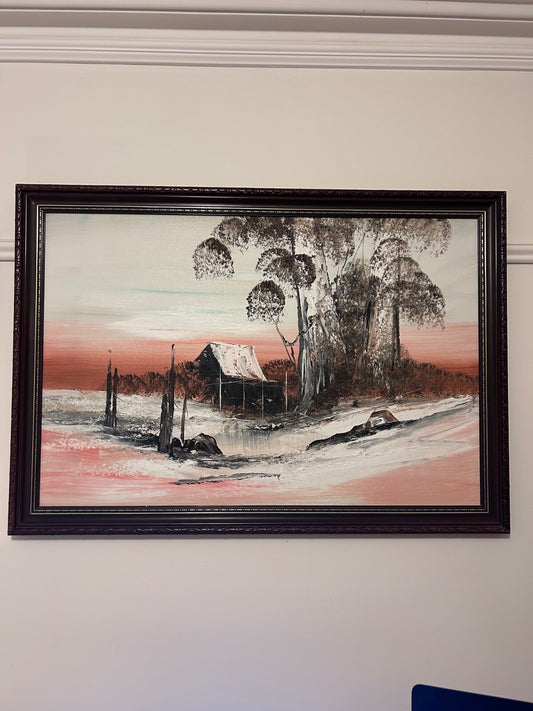 Vintage Original Oil Painting Framed Unsigned Bush House Trees Sunset Landscape