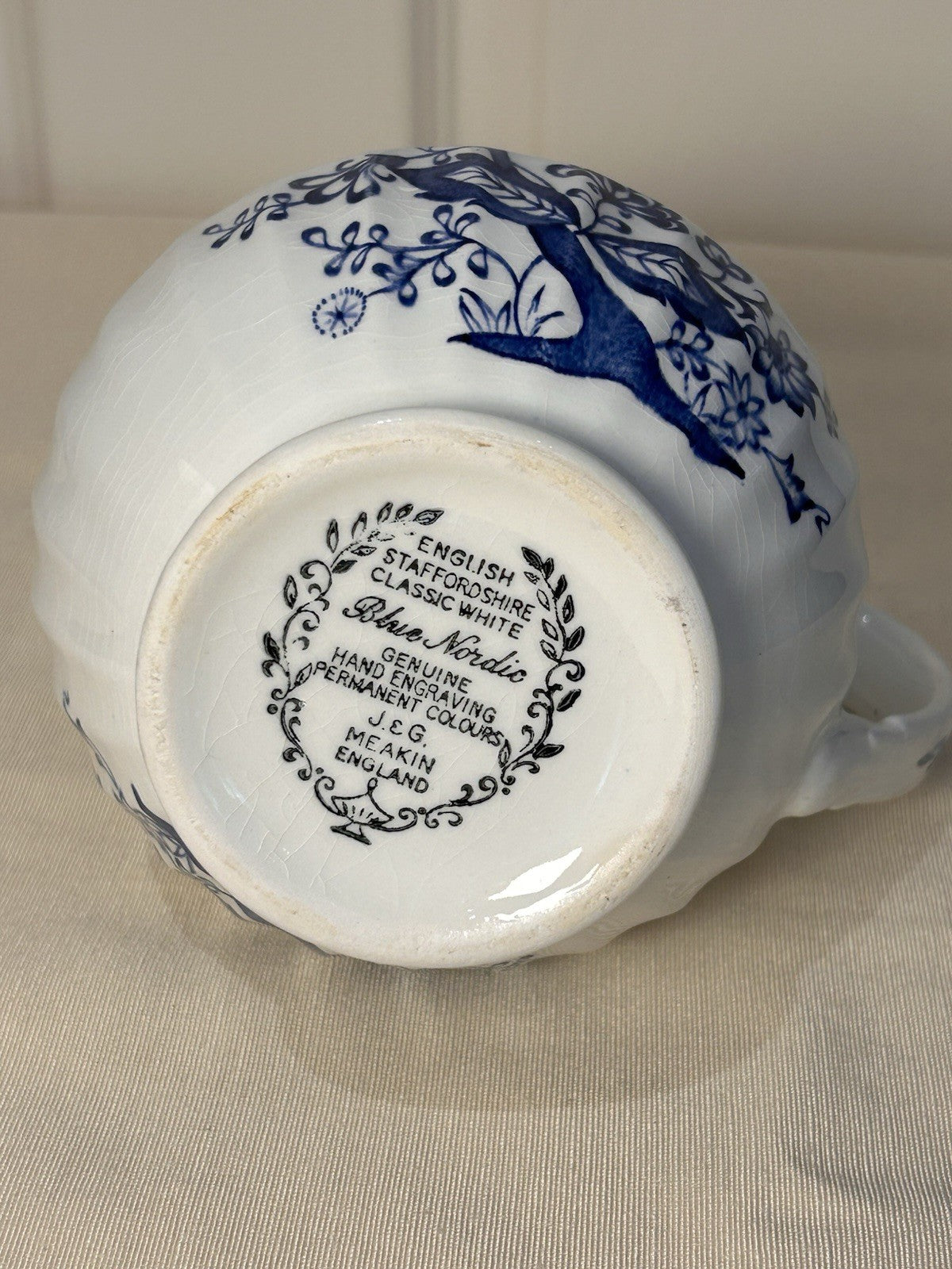 J&G Meakin Blue Nordic Jug 17cm – Staffordshire England Vintage Classic White
