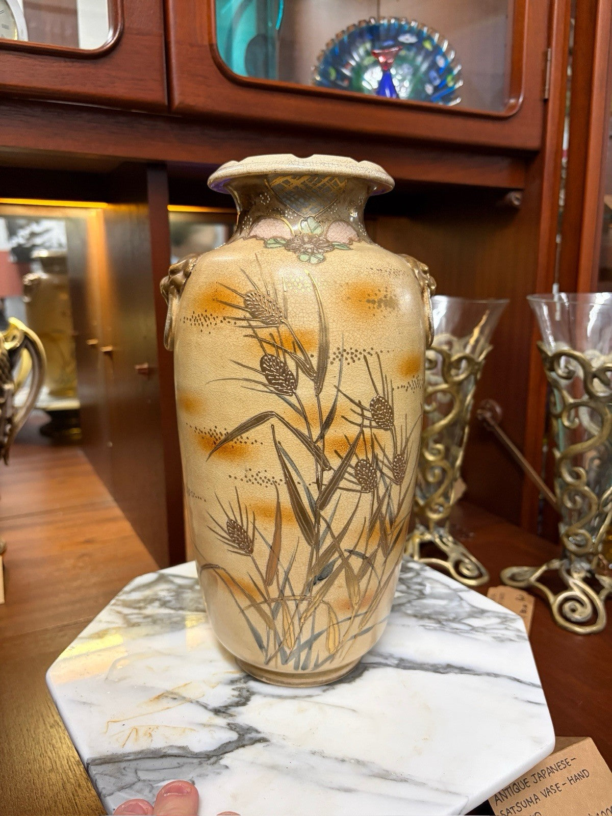 Antique Japanese Satsuma Style Vase 31cm Lion Mask Handles Meiji c1900-1920